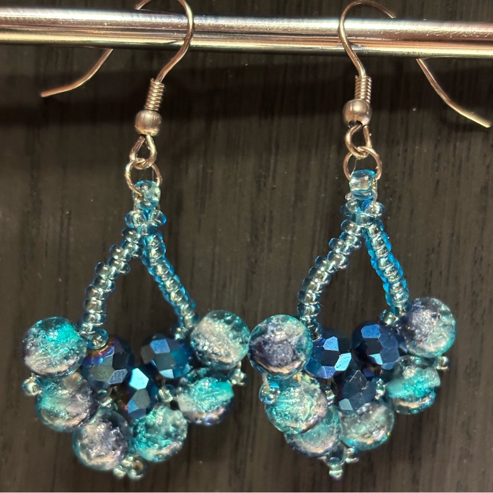 hand crafted navy and aqua blue Czech beaded pierced earrings. 2 inches